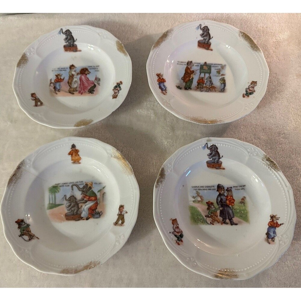 Antique 1900s German child's Bowl Set Of 4 Charlie and Charlotte Nursery Rhymes